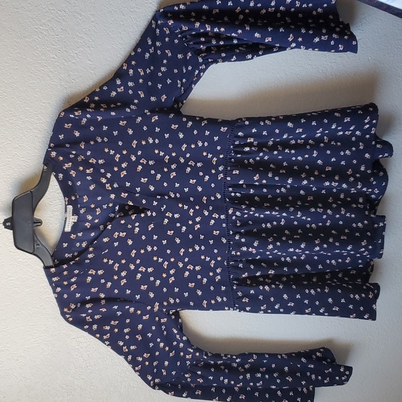 Copper Key Tops - Copper key navy blue and tan V neck blouse with bell sleeves NWOT